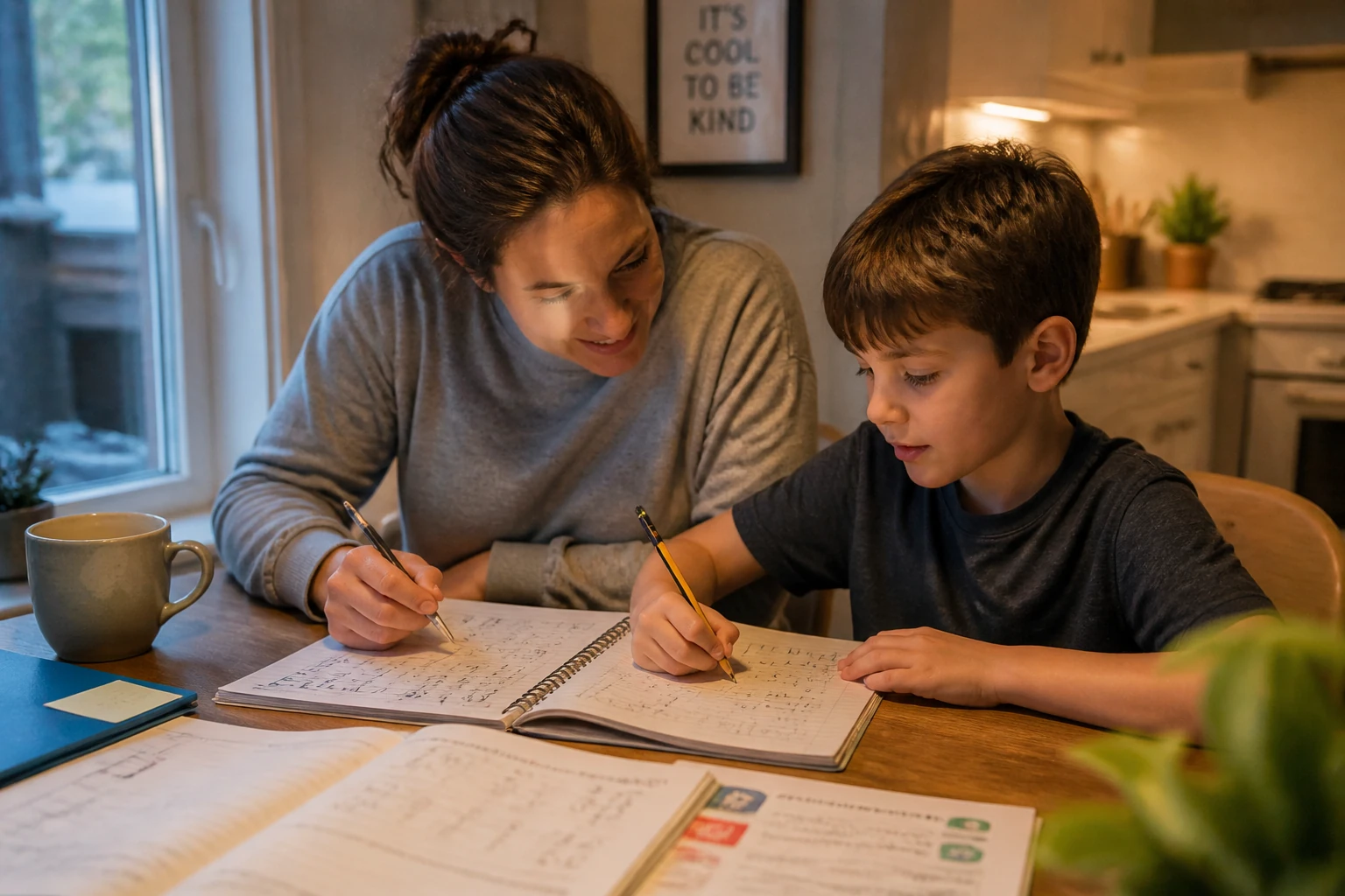 Child struggling with math homework at home while parent offers support