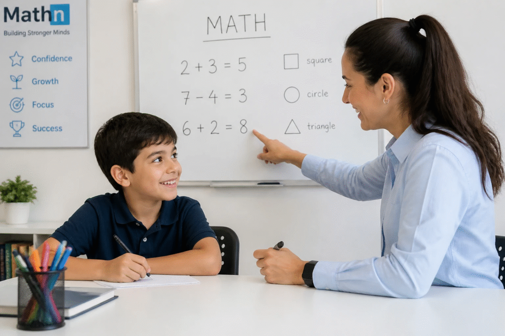Confident child solving math problems with support from a STEM learning environment
