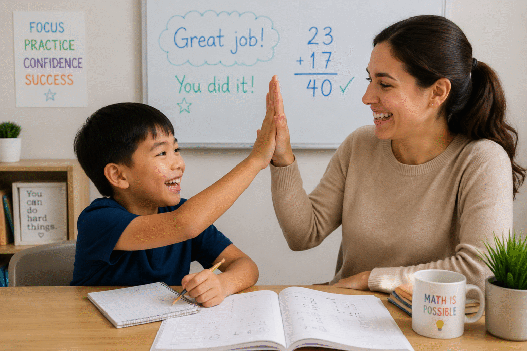 Child building math confidence with a smiling tutor celebrating progress after solving a math problem.