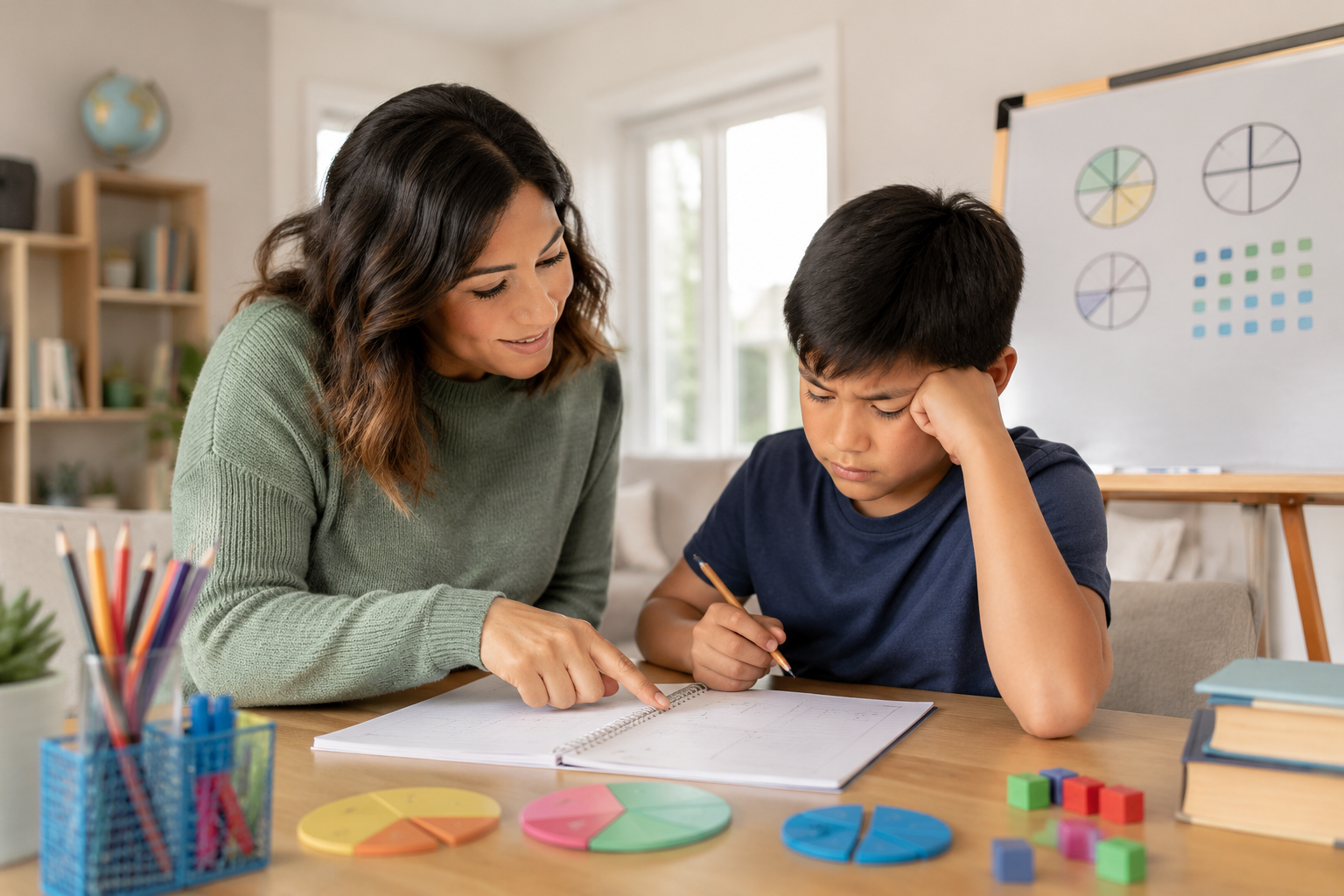 A concerned parent helping their child with math homework at home