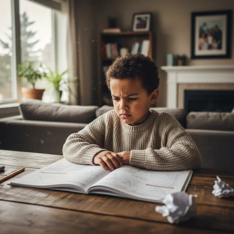 Child struggling with math homework at home in Calgary