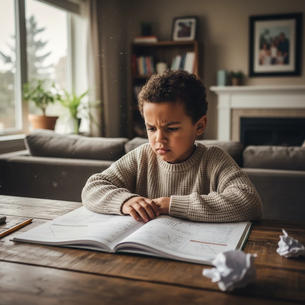 Child struggling with math homework at home in Calgary