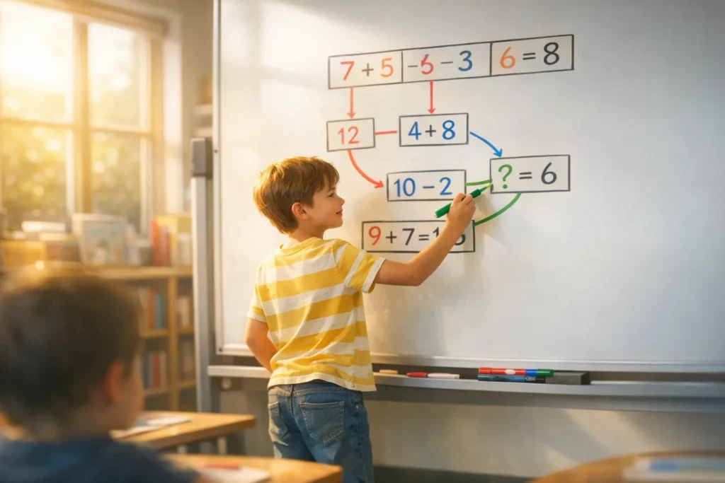 Confident child solving math problems during a tutoring session in Calgary
