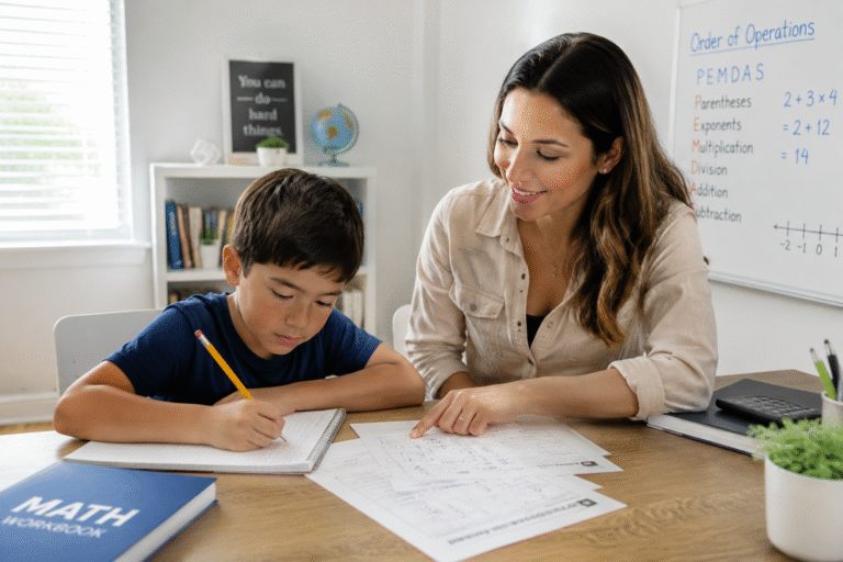 Great math tutor helping a child with math homework in a friendly and supportive learning environment.