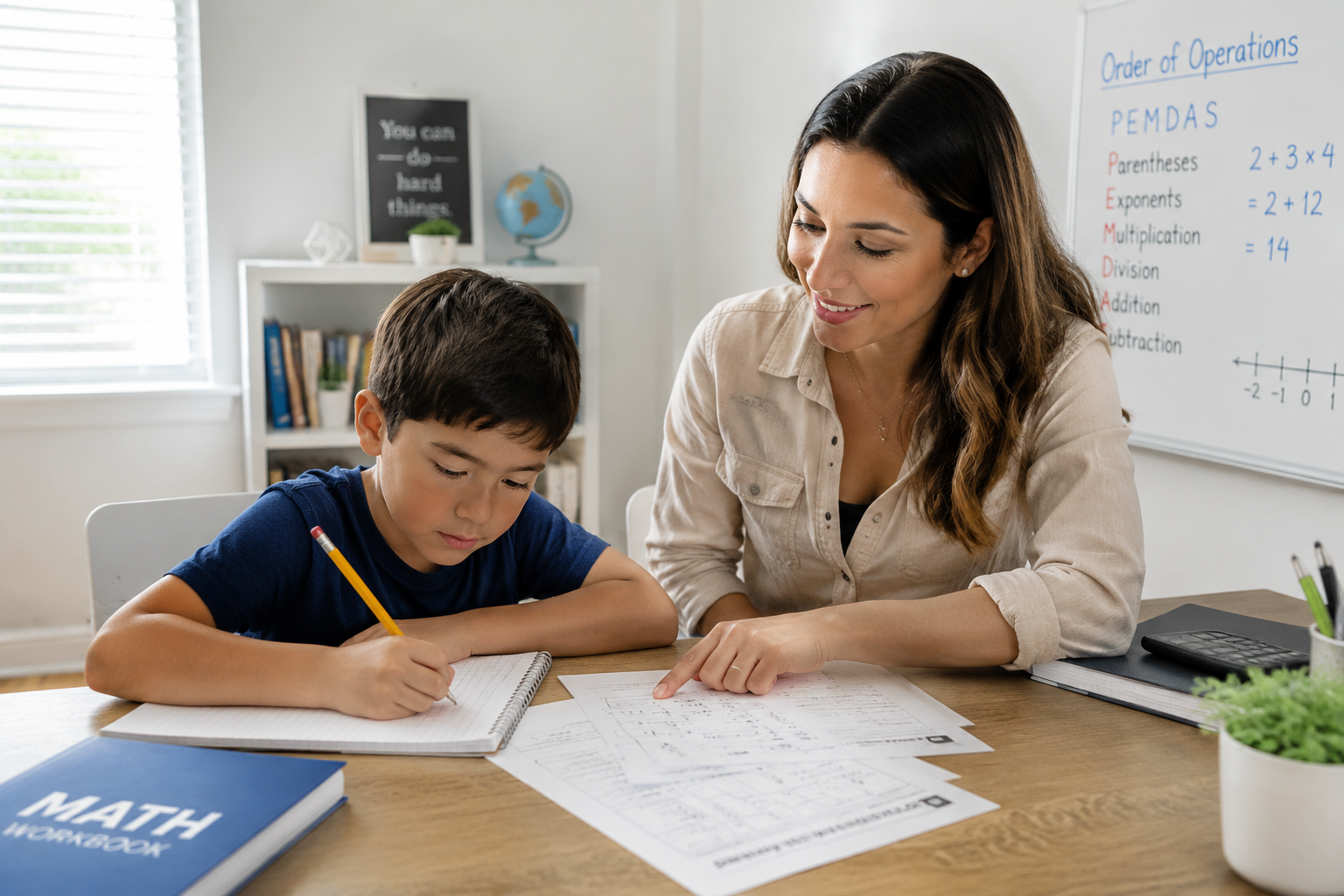 Great math tutor helping a child with math homework in a friendly and supportive learning environment.
