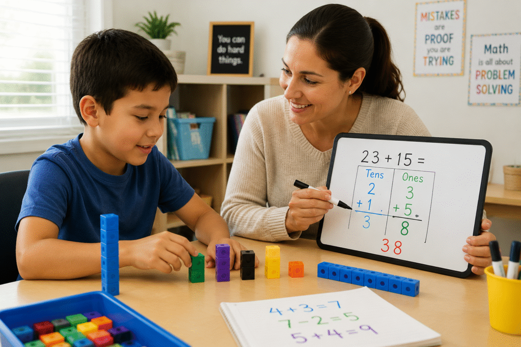 Math tutor for kids using visual aids and number blocks to help a child understand math concepts clearly.